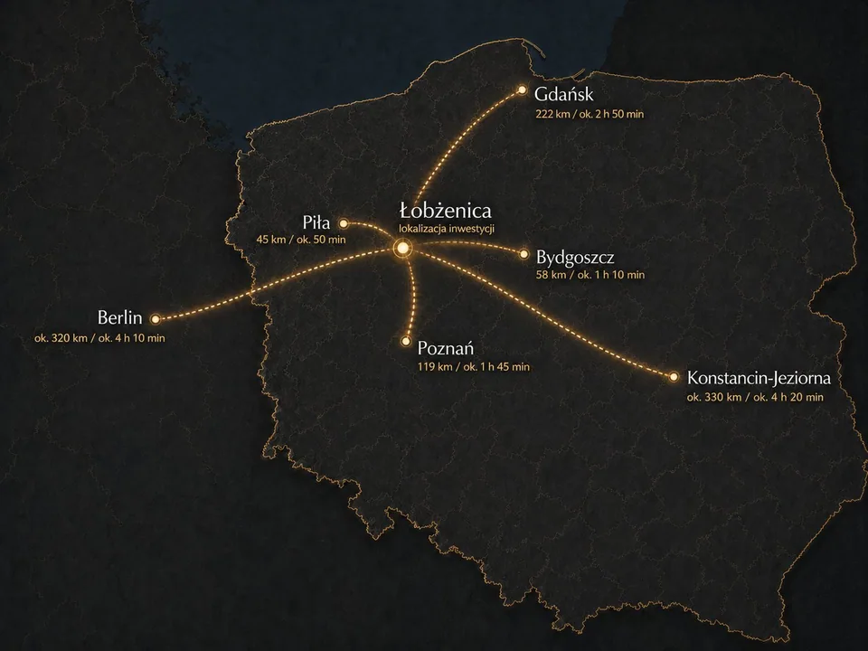 Mapa połączeń Łobżenicy z Piłą, Bydgoszczą, Poznaniem, Gdańskiem i Berlinem