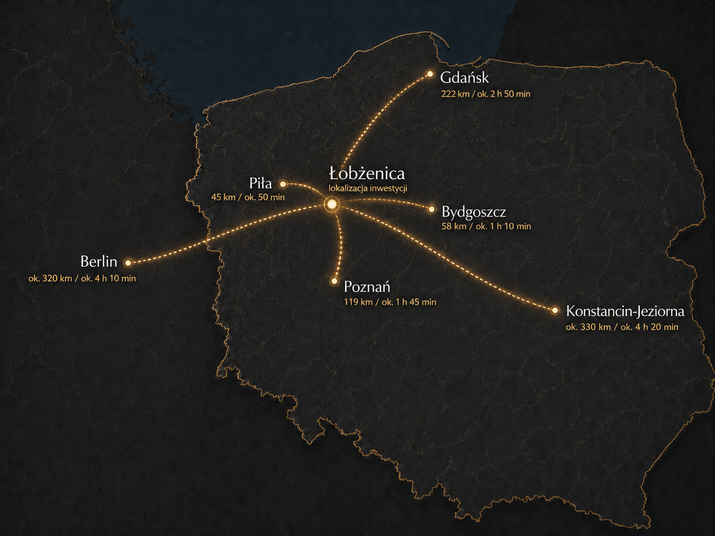 Mapa połączeń Łobżenicy z Piłą, Bydgoszczą, Poznaniem, Gdańskiem i Berlinem